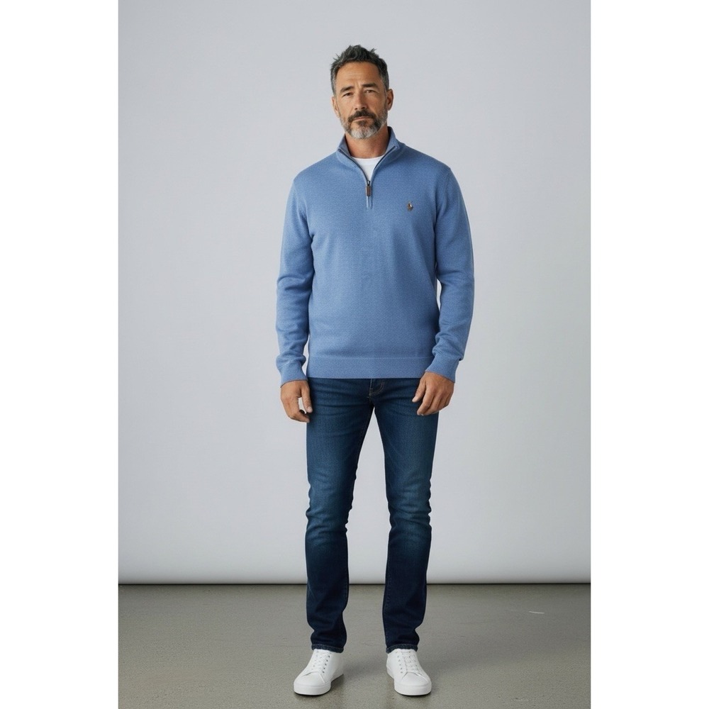 Polo Ralph Lauren Mens XXL Estate Rib Quarter Zip Pullover Blue Cotton Sweater